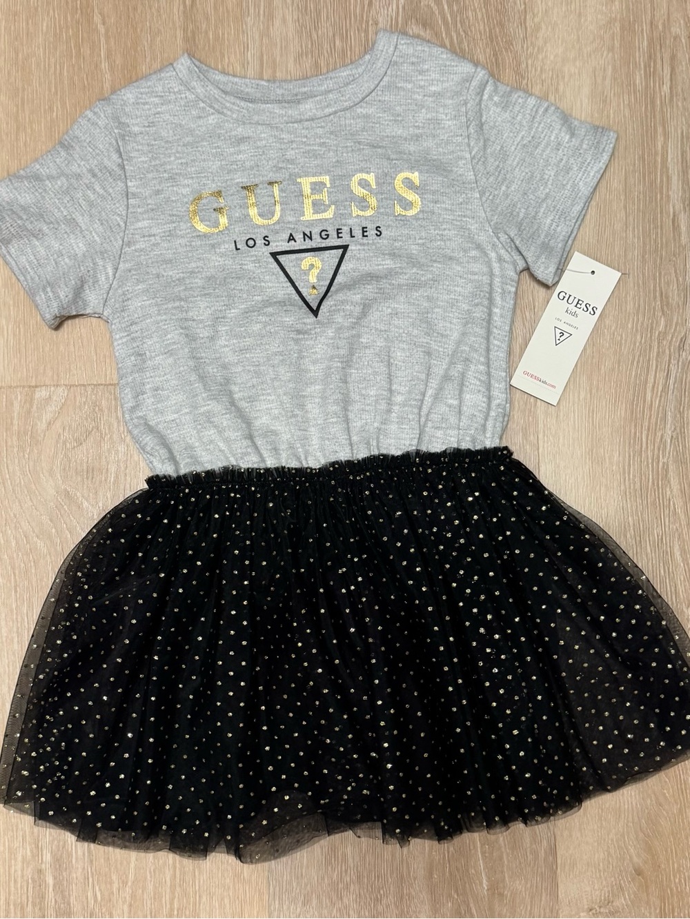 GUESS Grey Tee with Black Tulle Skirt and Gold Logo